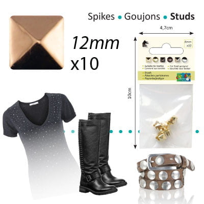 Studs square 12x12mm x10 light copper