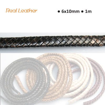 Real leather 6x10mm x1m black oval braided