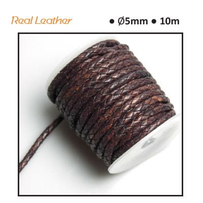 Real leather 5mm round x1m dark brown braided