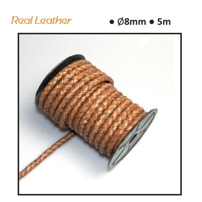 Real leather 8mm round x1m brown braided